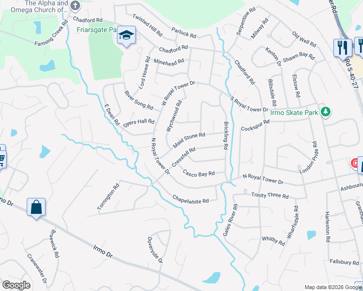 map of restaurants, bars, coffee shops, grocery stores, and more near 325 Maid Stone Road in Irmo