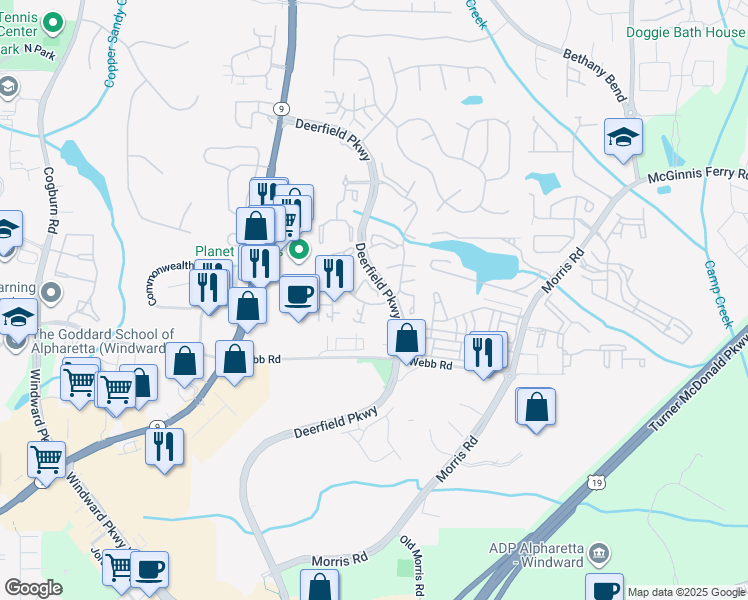 map of restaurants, bars, coffee shops, grocery stores, and more near 311 Pembrooke Circle in Alpharetta