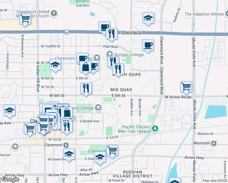 map of restaurants, bars, coffee shops, grocery stores, and more near Amherst Avenue in Claremont