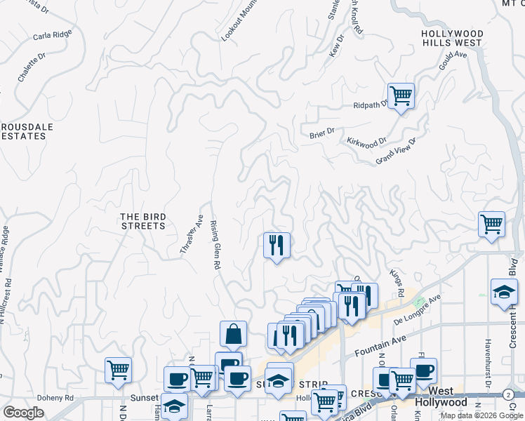 map of restaurants, bars, coffee shops, grocery stores, and more near 8819 Evanview Drive in Los Angeles