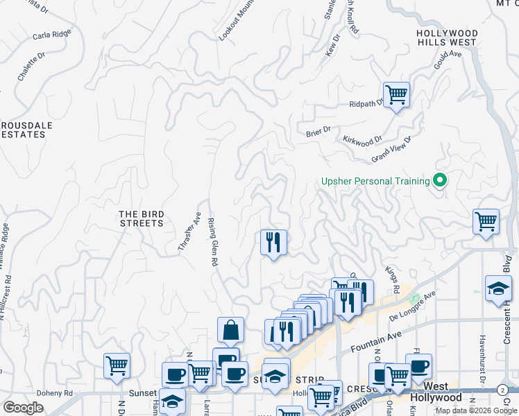 map of restaurants, bars, coffee shops, grocery stores, and more near 8819 Evanview Drive in Los Angeles