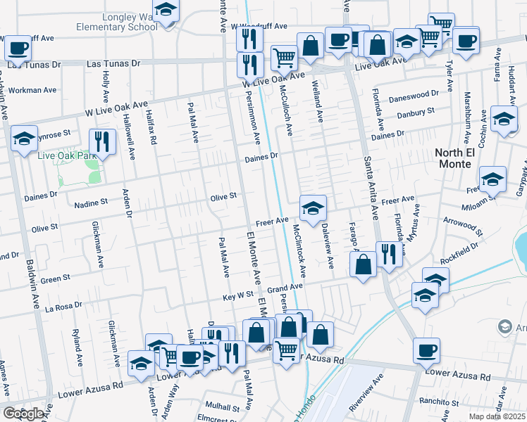 map of restaurants, bars, coffee shops, grocery stores, and more near 10703 Freer Street in Temple City