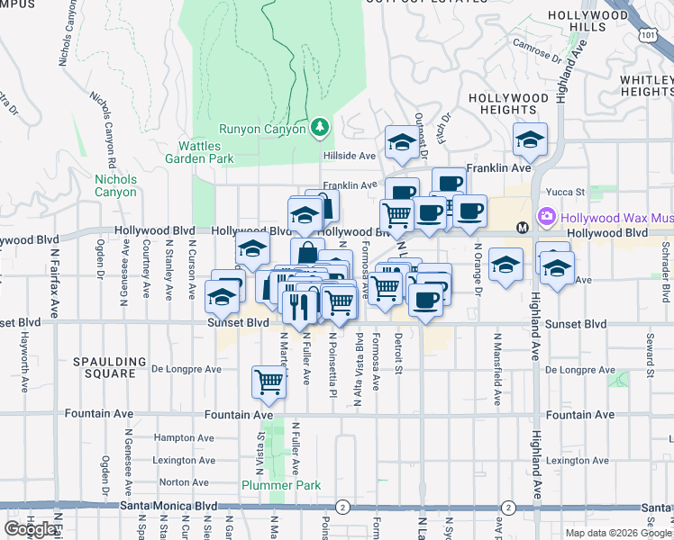 map of restaurants, bars, coffee shops, grocery stores, and more near 1601 North Poinsettia Place in Los Angeles
