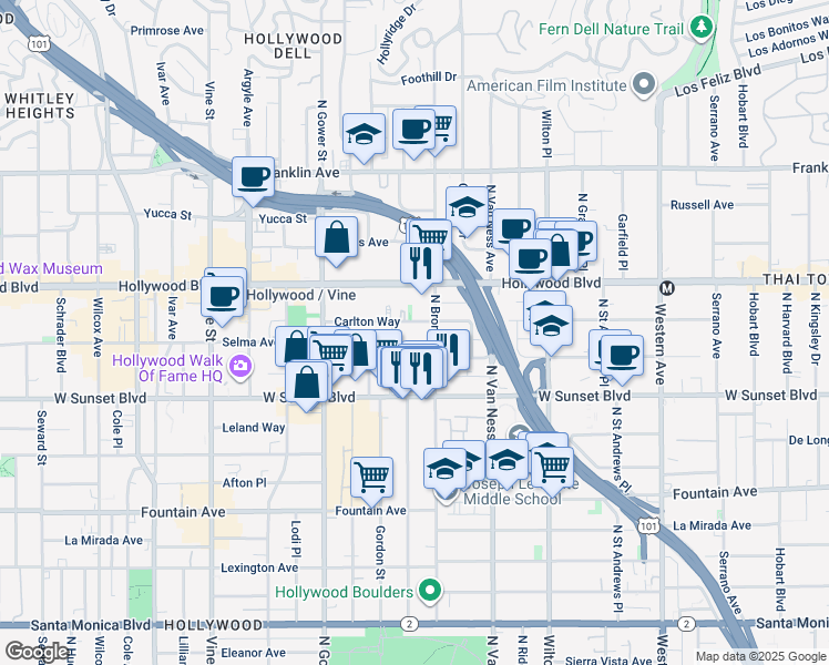 map of restaurants, bars, coffee shops, grocery stores, and more near 5922 Carlton Way in Los Angeles