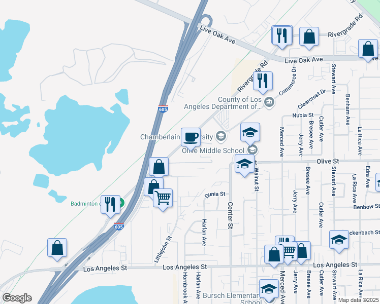 map of restaurants, bars, coffee shops, grocery stores, and more near 4920 Rivergrade Road in Baldwin Park