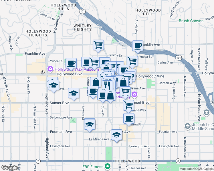 map of restaurants, bars, coffee shops, grocery stores, and more near 1615 North Cahuenga Boulevard in Los Angeles
