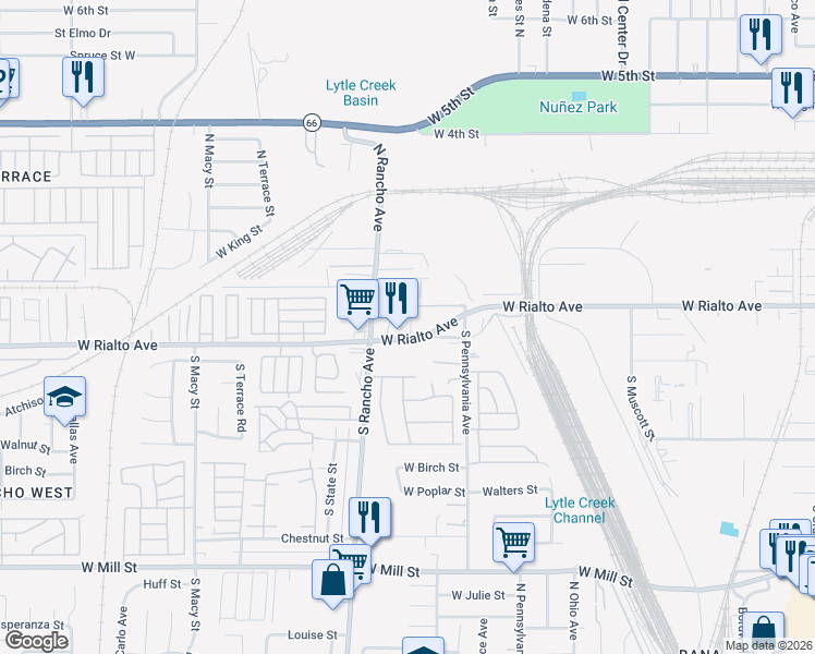 map of restaurants, bars, coffee shops, grocery stores, and more near 1962 West Rialto Avenue in San Bernardino
