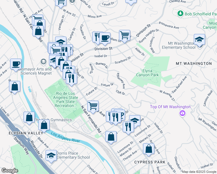 map of restaurants, bars, coffee shops, grocery stores, and more near 3032 Future Street in Los Angeles
