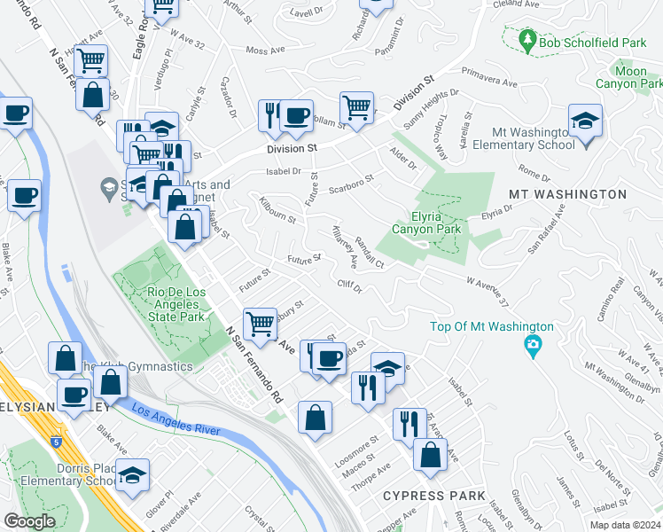 map of restaurants, bars, coffee shops, grocery stores, and more near 1526 Cliff Drive in Los Angeles