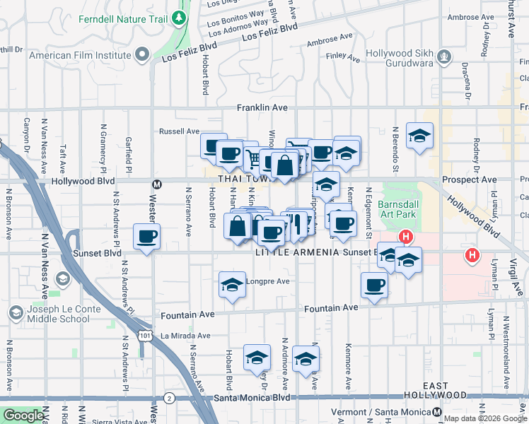 map of restaurants, bars, coffee shops, grocery stores, and more near 1605 Winona Boulevard in Los Angeles