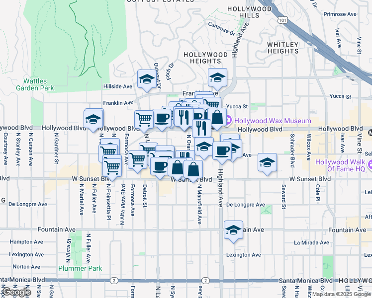 map of restaurants, bars, coffee shops, grocery stores, and more near 1530 North Orange Drive in Los Angeles