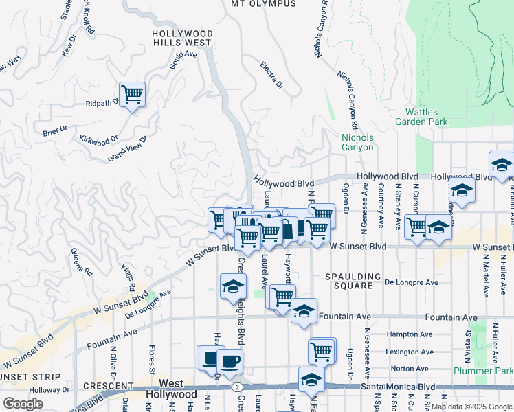 map of restaurants, bars, coffee shops, grocery stores, and more near 8017 Selma Avenue in Los Angeles
