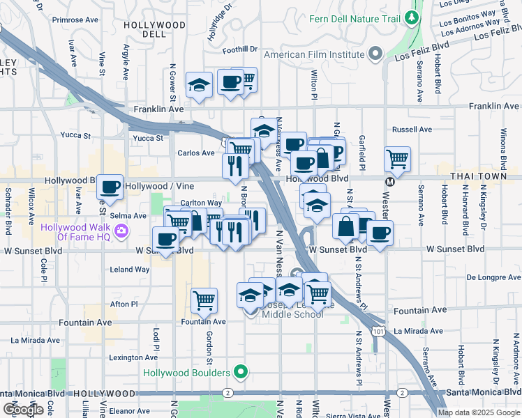map of restaurants, bars, coffee shops, grocery stores, and more near 5832 Carlton Way in Los Angeles