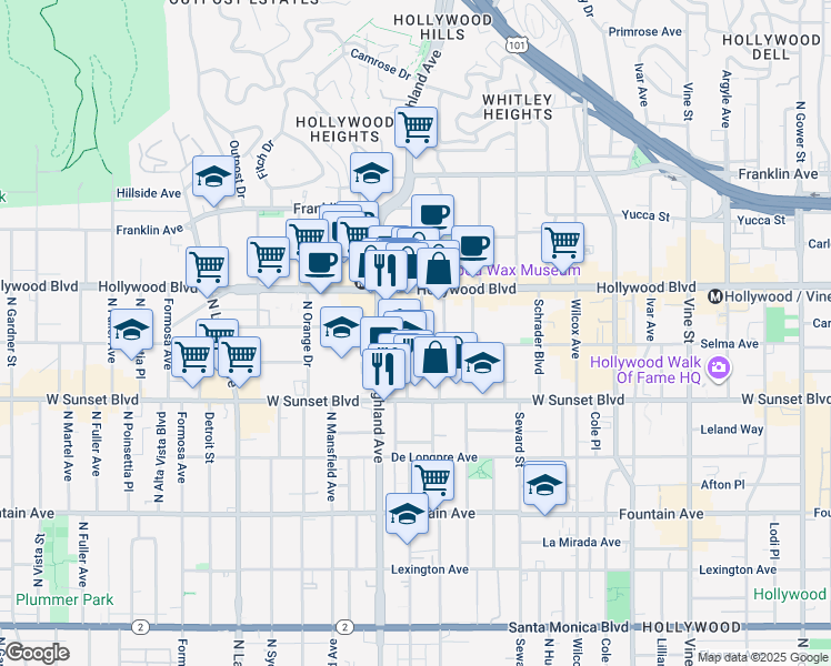 map of restaurants, bars, coffee shops, grocery stores, and more near 6760 Selma Avenue in Los Angeles