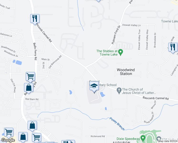 map of restaurants, bars, coffee shops, grocery stores, and more near 145 Pritchett Drive in Woodstock