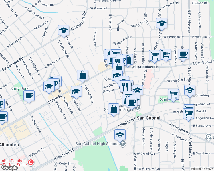 map of restaurants, bars, coffee shops, grocery stores, and more near 857 Carillo Drive in San Gabriel