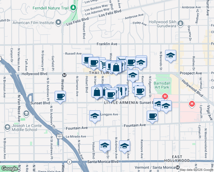 map of restaurants, bars, coffee shops, grocery stores, and more near 1605 Winona Boulevard in Los Angeles