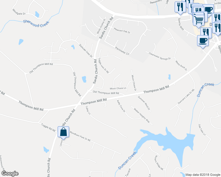map of restaurants, bars, coffee shops, grocery stores, and more near 2671 Moon Chase Lane in Buford