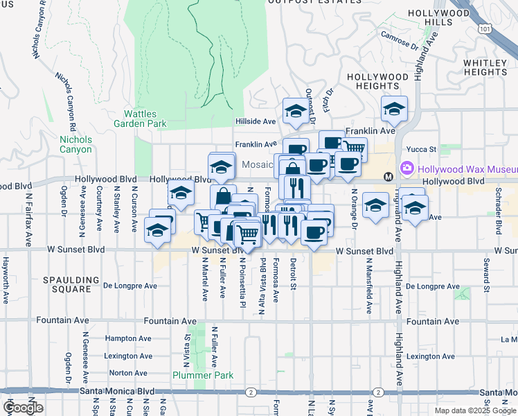 map of restaurants, bars, coffee shops, grocery stores, and more near 1616 North Poinsettia Place in Los Angeles