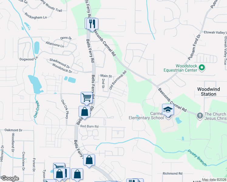 map of restaurants, bars, coffee shops, grocery stores, and more near 115 Linton Drive in Acworth