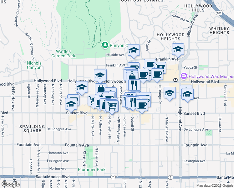 map of restaurants, bars, coffee shops, grocery stores, and more near 1616 North Poinsettia Place in Los Angeles