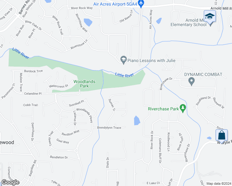 map of restaurants, bars, coffee shops, grocery stores, and more near 243 Sumac Tr in Woodstock