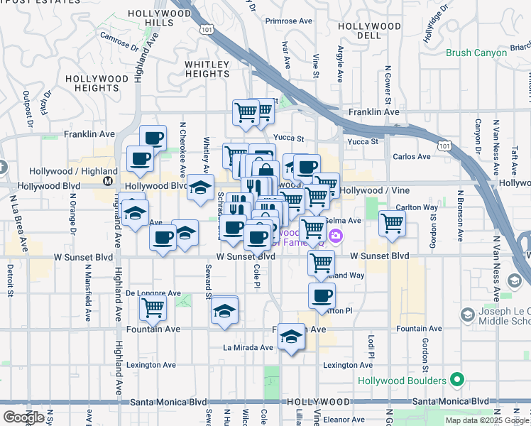 map of restaurants, bars, coffee shops, grocery stores, and more near 1555 North Cahuenga Boulevard in Los Angeles