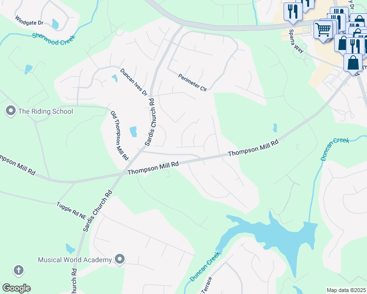map of restaurants, bars, coffee shops, grocery stores, and more near 2631 Moon Chase Lane in Buford