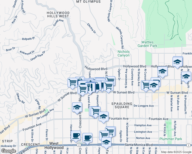 map of restaurants, bars, coffee shops, grocery stores, and more near 7941 Selma Avenue in Los Angeles