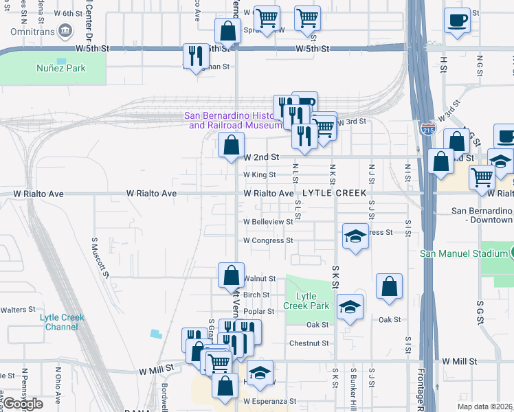 map of restaurants, bars, coffee shops, grocery stores, and more near 122 South Giovanola Avenue in San Bernardino