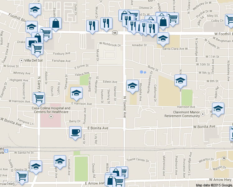 map of restaurants, bars, coffee shops, grocery stores, and more near 756 Jayson Court in Pomona