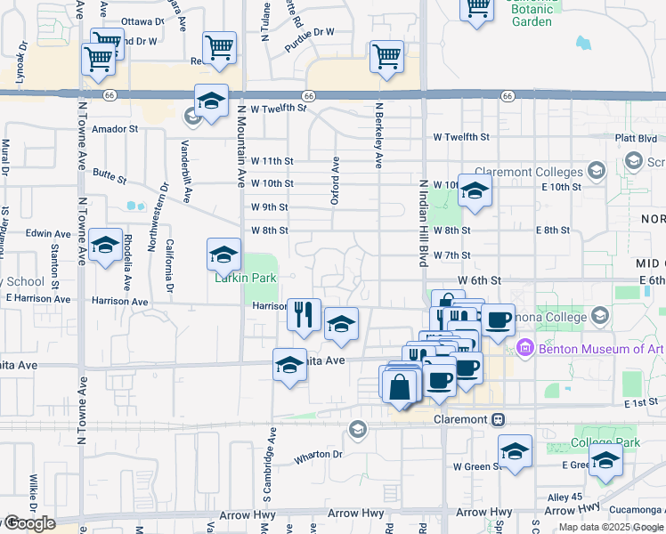 map of restaurants, bars, coffee shops, grocery stores, and more near 660 Avery Road in Claremont
