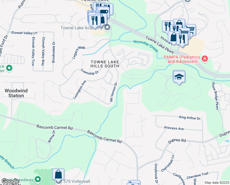 map of restaurants, bars, coffee shops, grocery stores, and more near 4027 Mount Vernon Drive in Woodstock