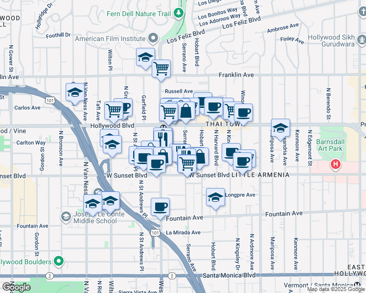 map of restaurants, bars, coffee shops, grocery stores, and more near 5400 Carlton Way in Los Angeles