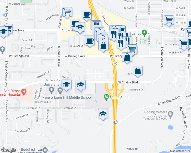 map of restaurants, bars, coffee shops, grocery stores, and more near 2 West 1st Terrace in San Dimas