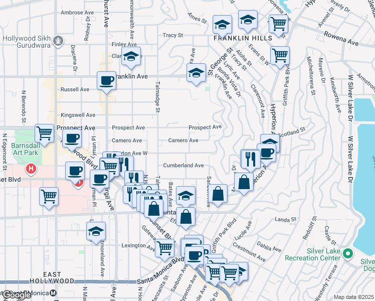 map of restaurants, bars, coffee shops, grocery stores, and more near 4101 Clayton Avenue West in Los Angeles