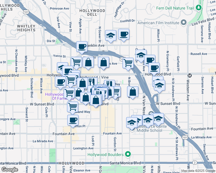 map of restaurants, bars, coffee shops, grocery stores, and more near 6038 Carlton Way in Los Angeles