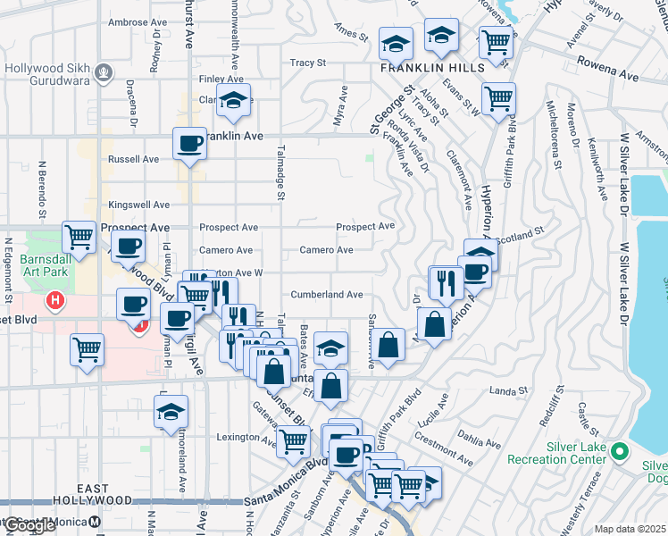 map of restaurants, bars, coffee shops, grocery stores, and more near 4101 Clayton Avenue West in Los Angeles