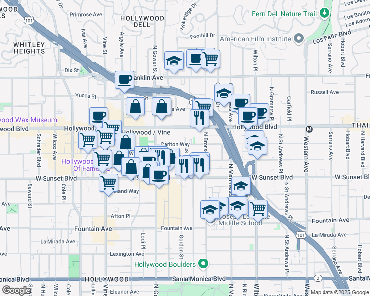 map of restaurants, bars, coffee shops, grocery stores, and more near 5950 Carlton Way in Los Angeles
