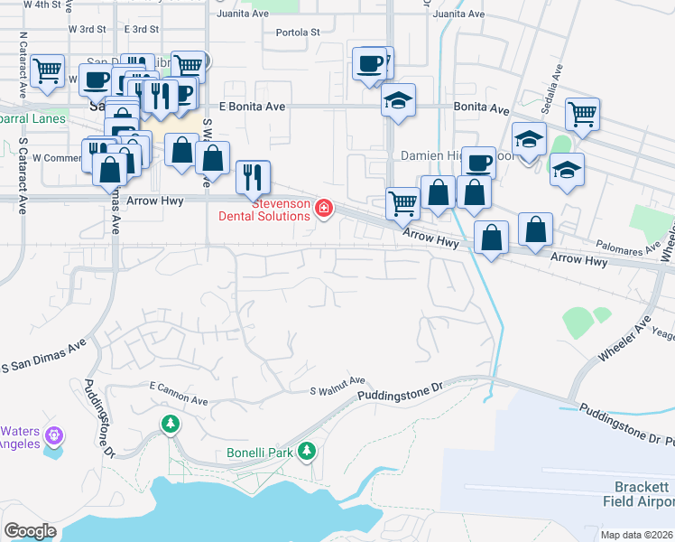 map of restaurants, bars, coffee shops, grocery stores, and more near 507 Juniper Street in La Verne