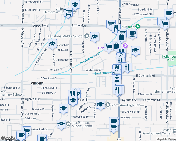 map of restaurants, bars, coffee shops, grocery stores, and more near in Covina