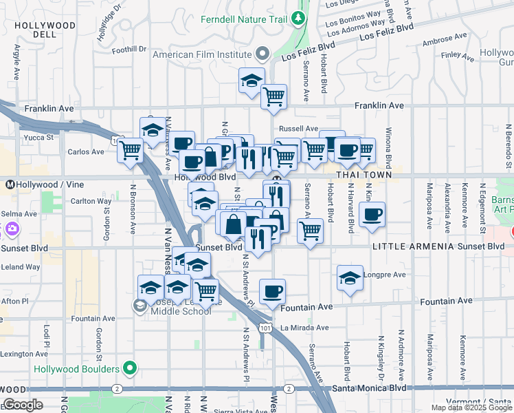 map of restaurants, bars, coffee shops, grocery stores, and more near 5543 1/2 Harold Way in Los Angeles