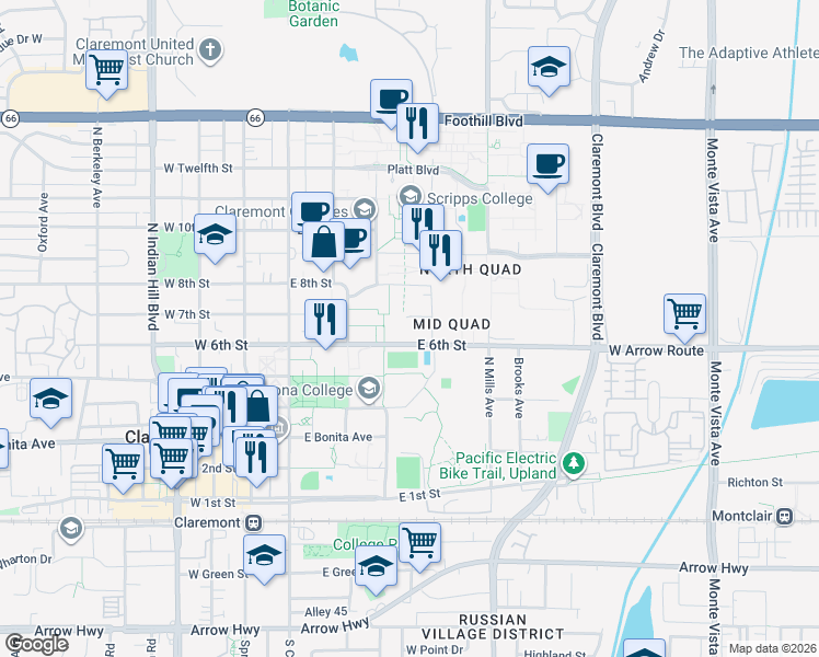 map of restaurants, bars, coffee shops, grocery stores, and more near East 6th Street in Claremont