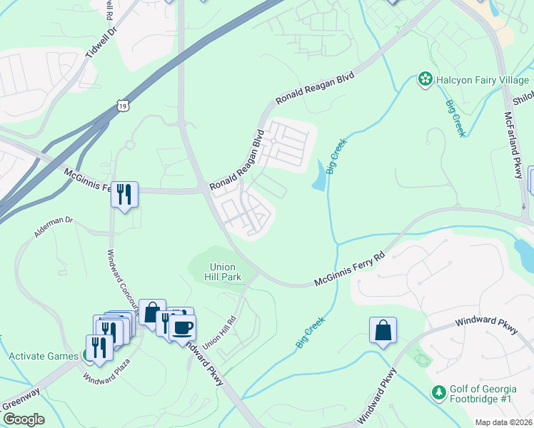 map of restaurants, bars, coffee shops, grocery stores, and more near 7425 Jamestown Drive in Alpharetta