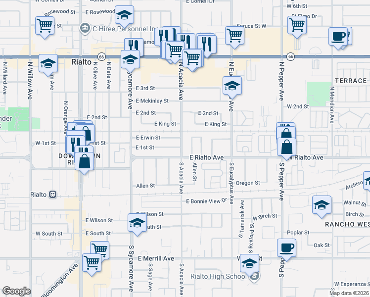 map of restaurants, bars, coffee shops, grocery stores, and more near 103 South Acacia Avenue in Rialto