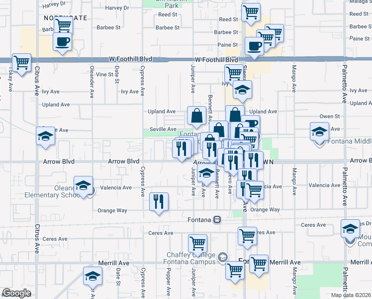 map of restaurants, bars, coffee shops, grocery stores, and more near 16650 Arrow Boulevard in Fontana