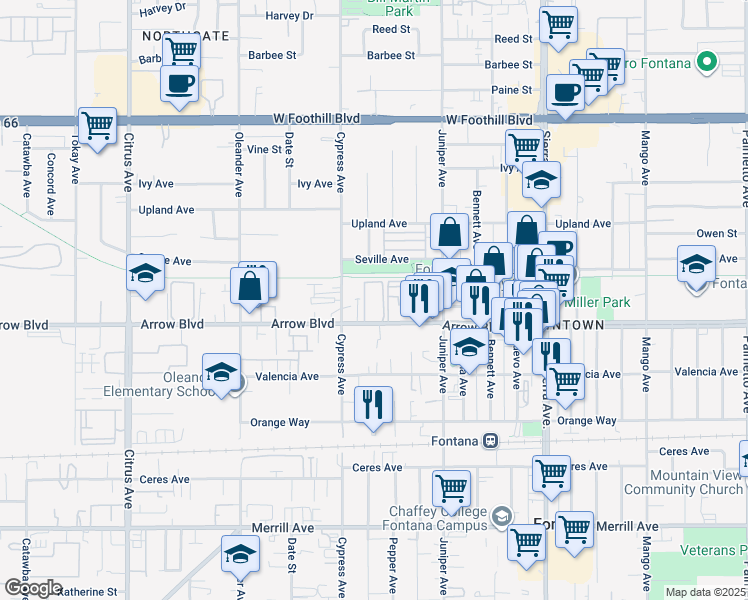 map of restaurants, bars, coffee shops, grocery stores, and more near 16594 Arrow Boulevard in Fontana