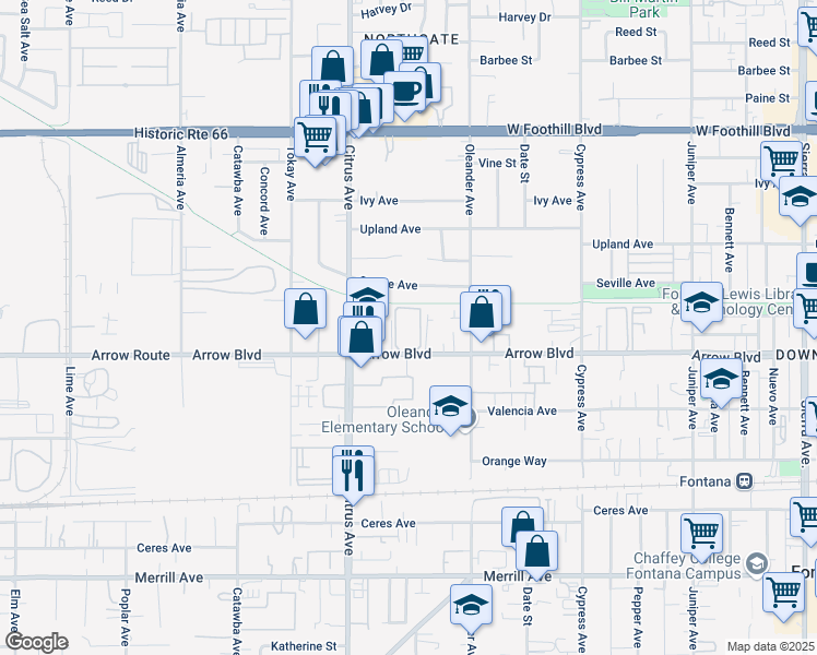 map of restaurants, bars, coffee shops, grocery stores, and more near in Fontana