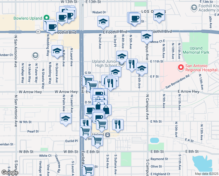 map of restaurants, bars, coffee shops, grocery stores, and more near 338 East Arrow Highway in Upland