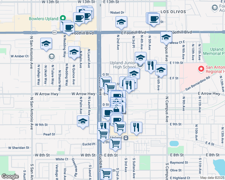 map of restaurants, bars, coffee shops, grocery stores, and more near in Upland
